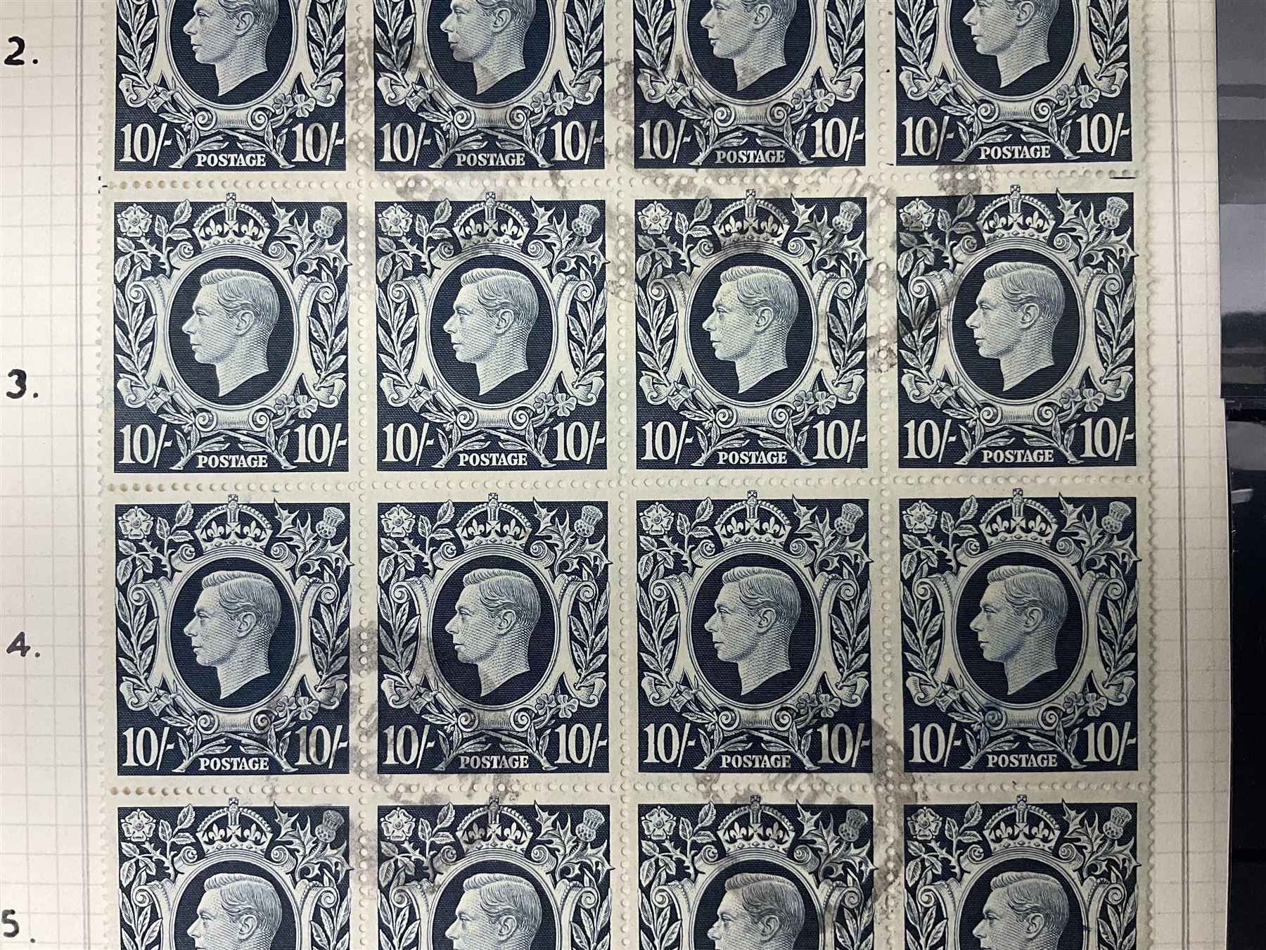 Queen Victoria and later Great British stamps, including five shillings, three pence block of four, block of twenty King George VI used ten shillings dark blue etc