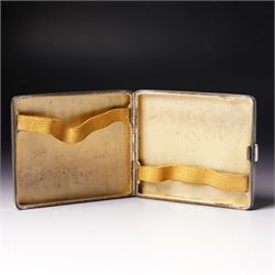 Engine turned silver cigarette case engraved with initials and with gilded interior Birmingham 1928