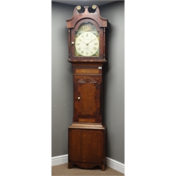  19th century mahogany crossbanded oak long case clock arched dial painted Turnbull Whitby, 30hr movement striking the hours on a bell, H220cm  
