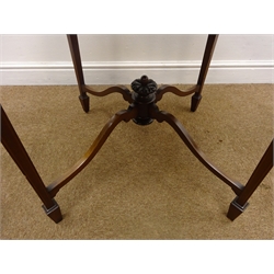  Edwardian satin wood banded mahogany circular occasional table, inlaid with swags, flowers and ribbons, four square tapering supports joined by x-stretcher, on spade feet, D75cm, H72cm  