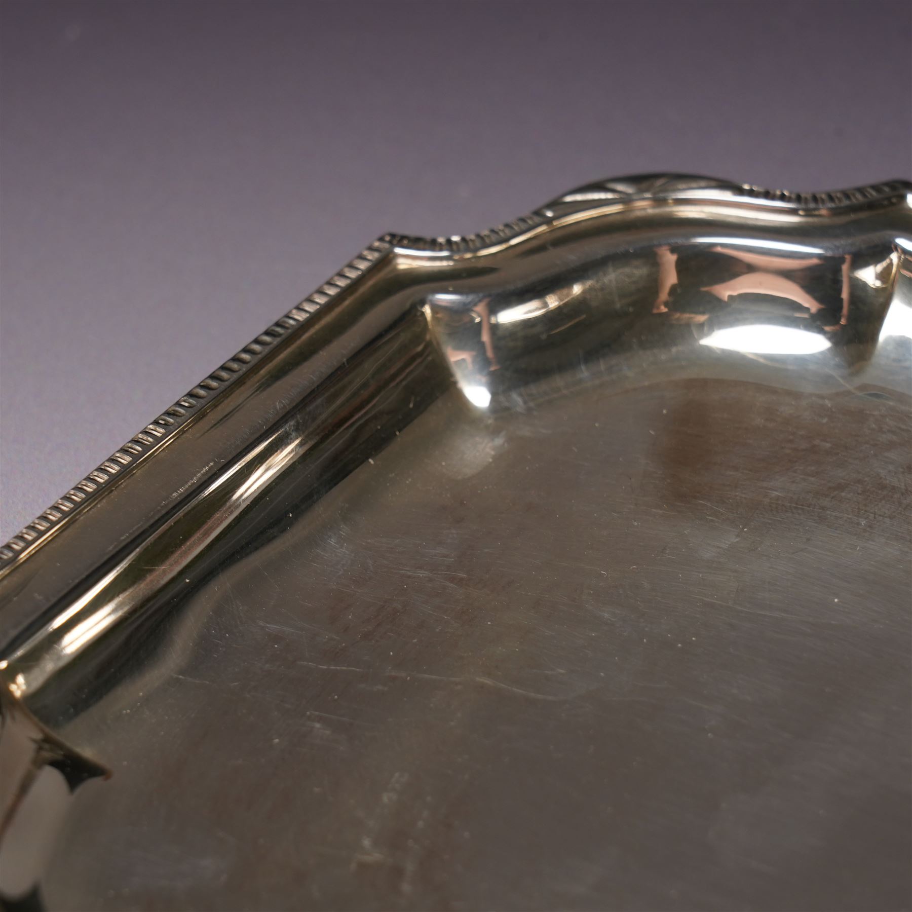 Small square silver salver or card tray with bead edge and indented corners W14cm Sheffield 1935 Maker Stower & Wragg Ltd