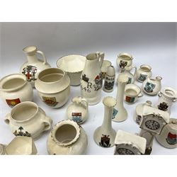 Collection of crested ware, predominantly W H Goss, to include tile/teapot stand with a verse from Adolphus Goss, model of a Norwegian horse shaped beer bowl, horseshoe, cow bell etc, together with other crested ware etc 