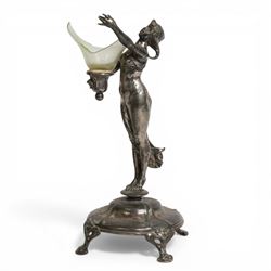 Art Nouveau pewter centre piece, modelled as a female figure upon a circular base raised  ...