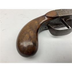 Mid 19th century double barrel percussion muff pistol, joined 7cm octagonal barrels with walnut stock19cm overall; a matching single barrel muff pistol 17cm overall (2)