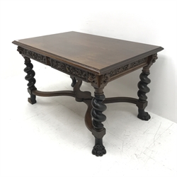 19th century Swedish oak centre table, moulded top, two drawers, carved lions head and floral detailing, barley twist supports joined by shaped stretchers, W130cm, H78cm, D86cm