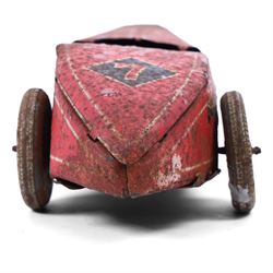 Mettoy tinplate clockwork racing car, the boat tailed red body with lithographed details, racing no. 7, with Dunlop Fort tyres, for restoration, H8cm, L32cm