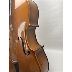 Full size Romanian Cello, in a soft case, L121cm, together with bow and collection of records 