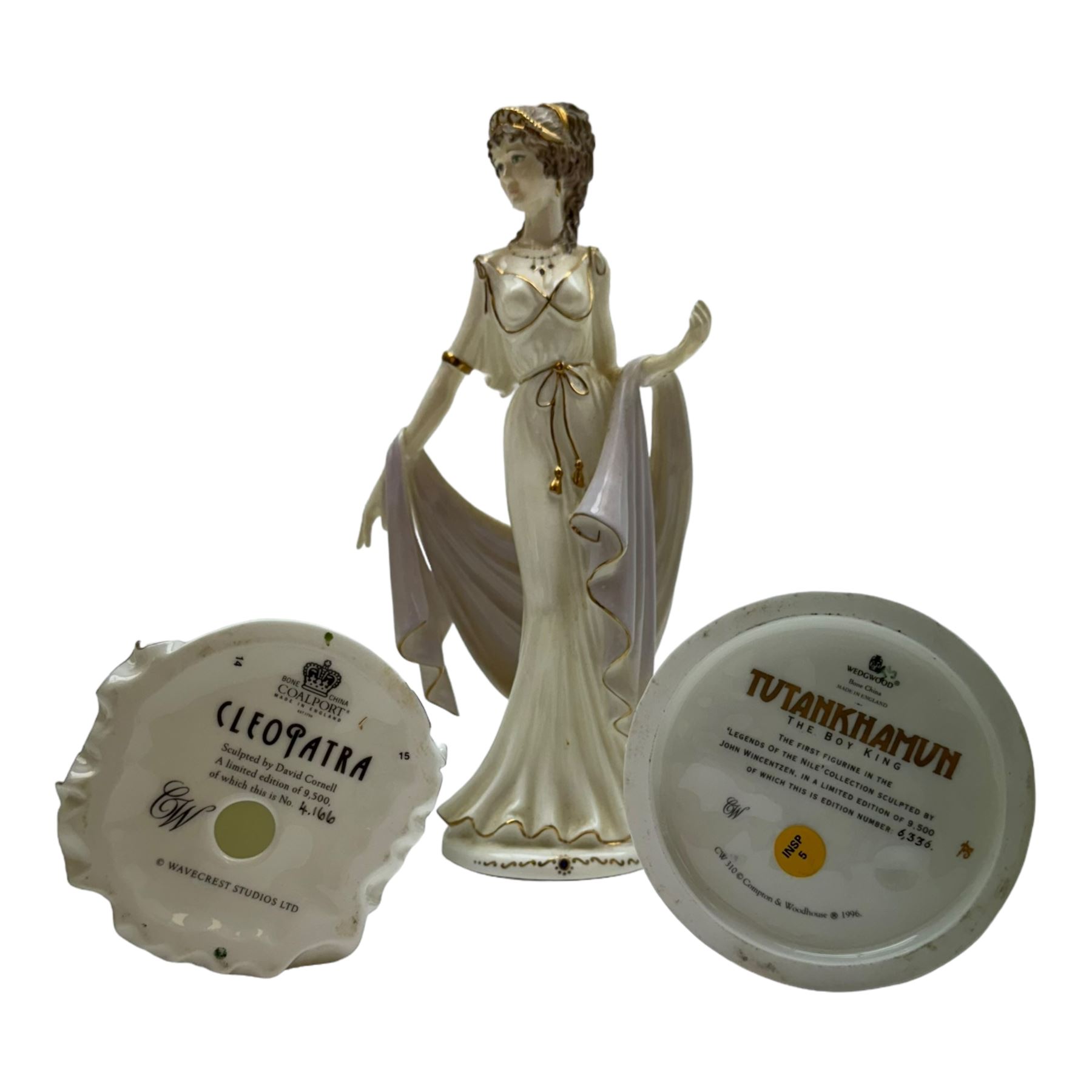 Wedgwood figure Tutankhamun, together with Two Coalport figures Cleopatra and Helen of Troy 