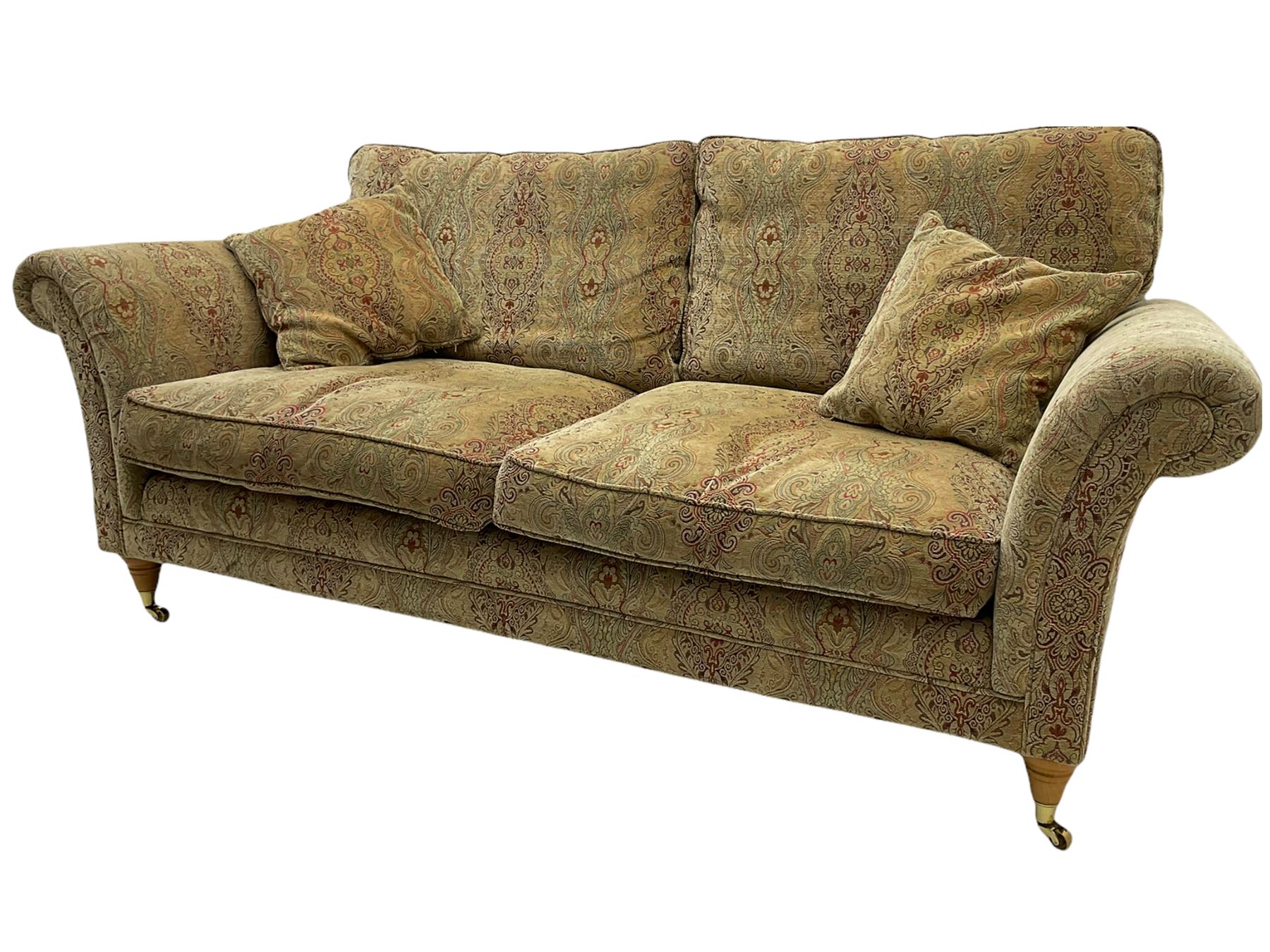 Parker Knoll two seat sofa, upholstered in natural beige patterned fabric