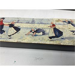 Three early 20th century papier-mâché pencil boxes, each of rectangular form, the hinged covers decorated with transfer printed scenes depicting nursery rhyme type scenes, L20cm
