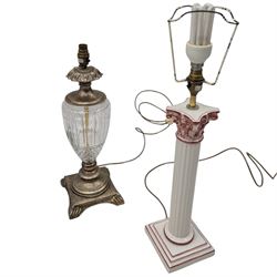Standard lamp and matching table lamp of art nouveau design, including fittings standard lamp H161cm; together with a glass lamp and pair of table lamps formed as columns, H64cm (5)