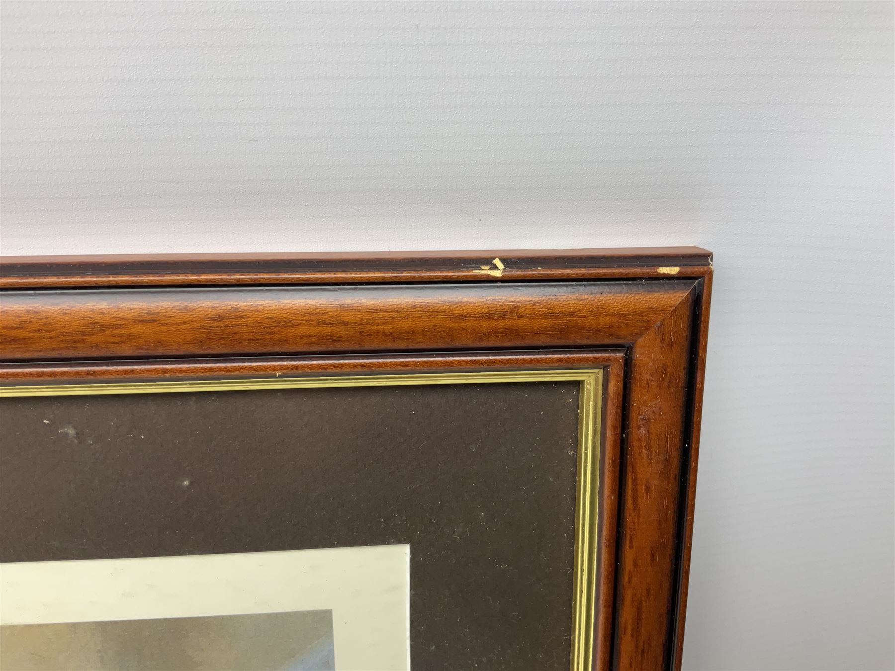 After Alan Fernley, colour print 'The Bridge at Arnhem', signed on the mount, 37 x 50cm; and after John Sellars, colour print 'Pegasus Bridge. Early Morning of D-Day 6th June 1944 Benouville Normandy'; both in mahogany stained frames (2)