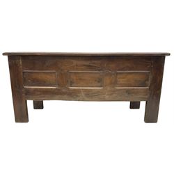 Large 18th century oak coffer or chest, rectangular hinged top with moulded edge, over panelled sides with moulded rails, raised on stile supports