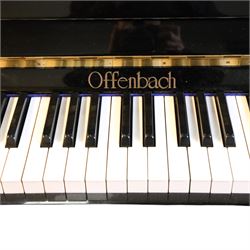 Offenbach by Daewoo model DU-4 upright piano, within high gloss ebonised case, circa 1990s serial no. 154804, with black wooden stool with velvet seat