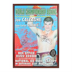 World Championship Boxing poster, signed by Joe Calzaghe and Juan Carlos Gimenez (El Toro)...