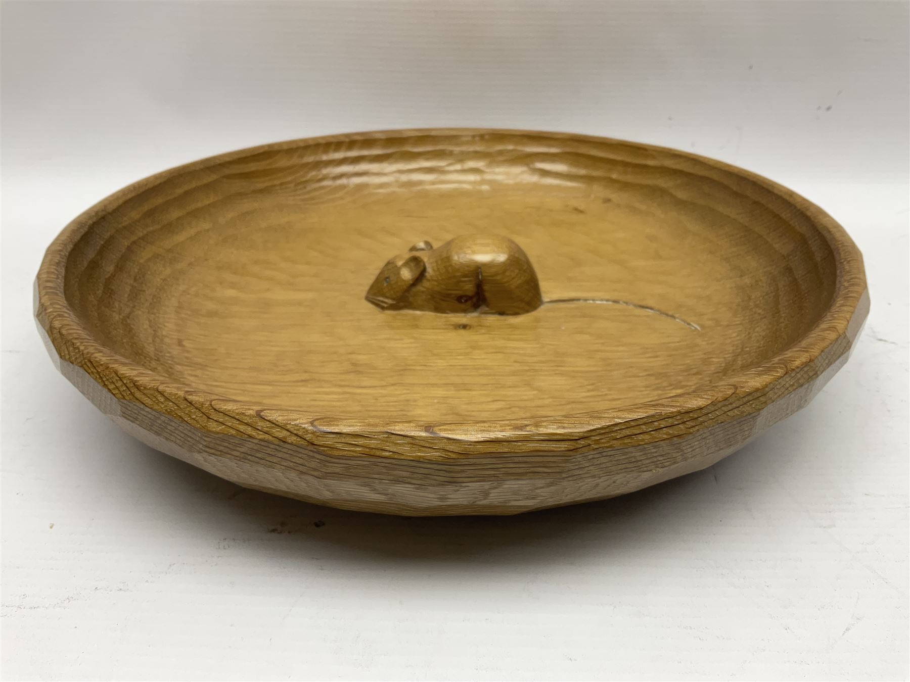 Mouseman - tooled oak fruit bowl, carved with oversized mouse signature, by the workshop of Robert Thompson, Kilburn 