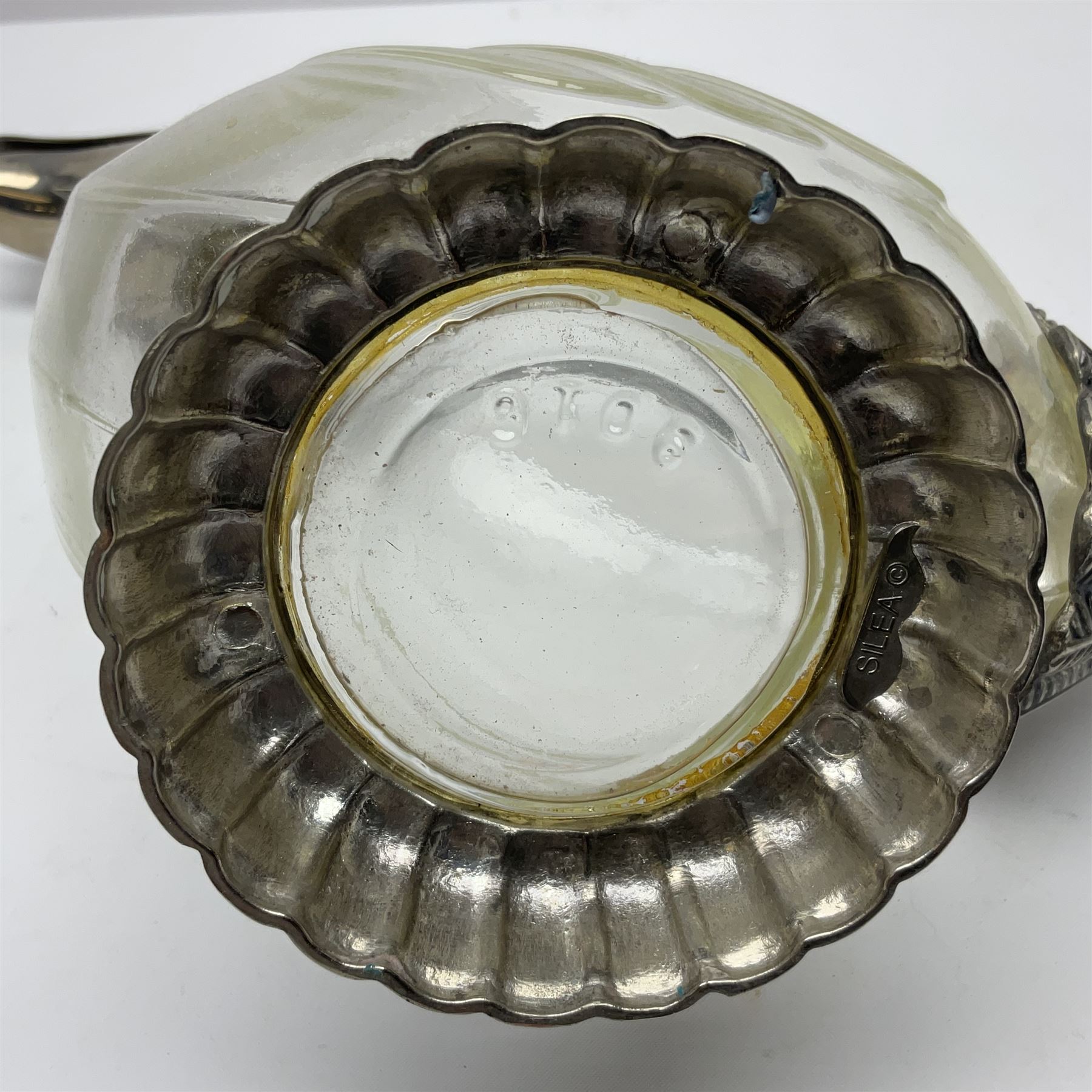 Silea silver plate mounted glass claret jug, in the form of a duck, with makers mark beneath, H26cm