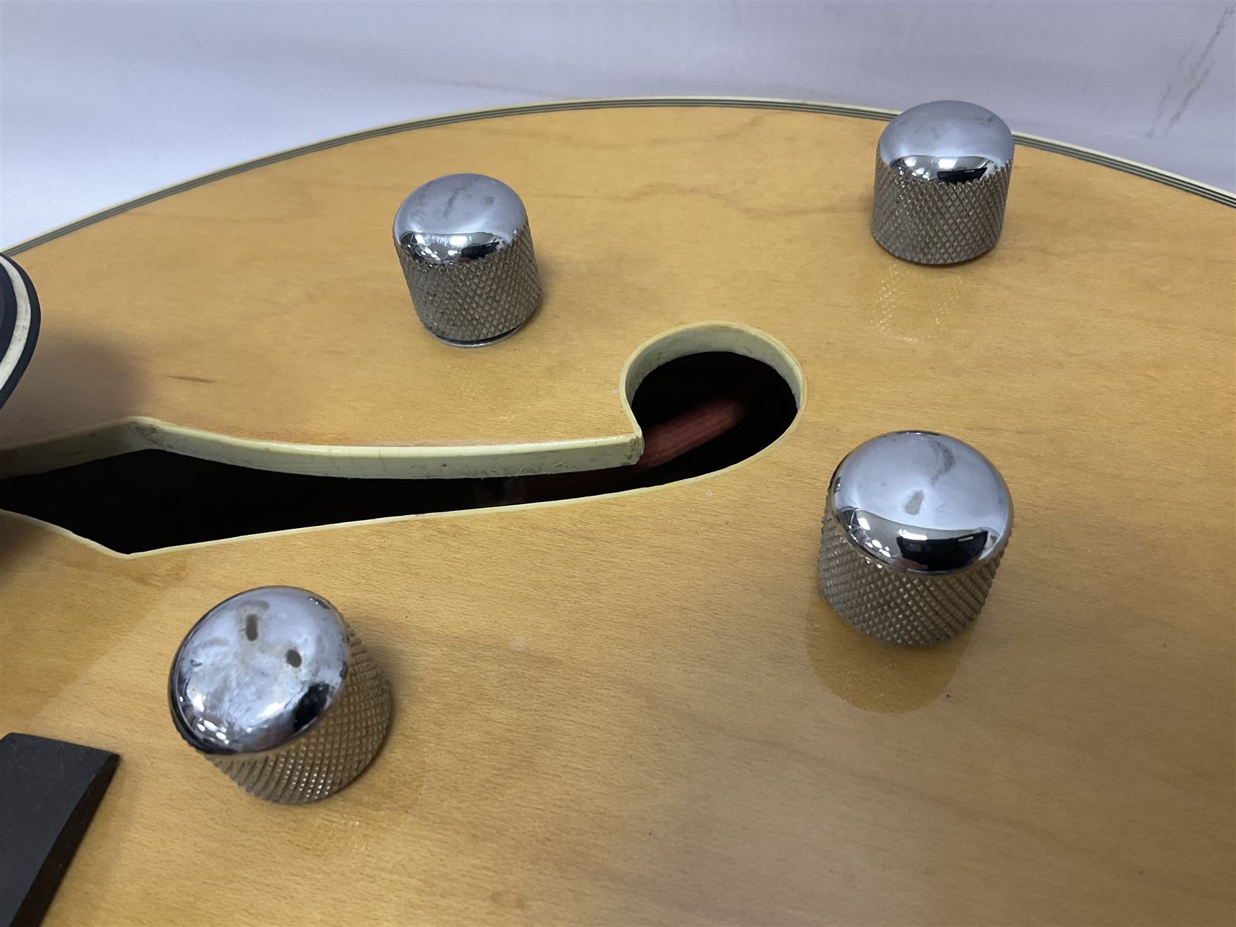 1980s Korean Antoria Jazzstar hollow body electric guitar, in blonde finish with inlaid fretboard, model no E G794, L109cm