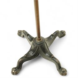 Victorian mahogany and brass adjustable music stand, tilting rest with edge, height adjustment mechanism to central column, supported on cast iron quadriform base