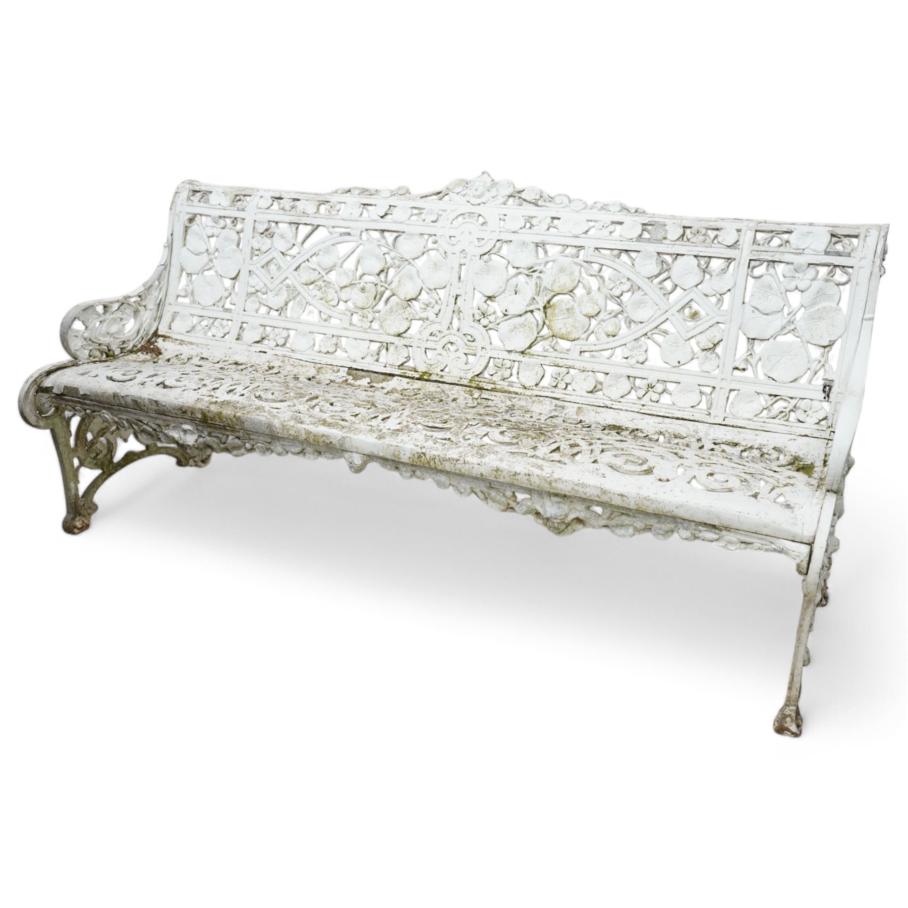 Coalbrookdale design - early 20th century cast aluminium Nasturtium pattern bench, white painted cast aluminium frame and seat, the pediment with a central female mask flanked with extending leafage, the back and seat with scrolling lattice design and interspersed Narsturtium leaves, flanked shaped arm terminals over splayed supports