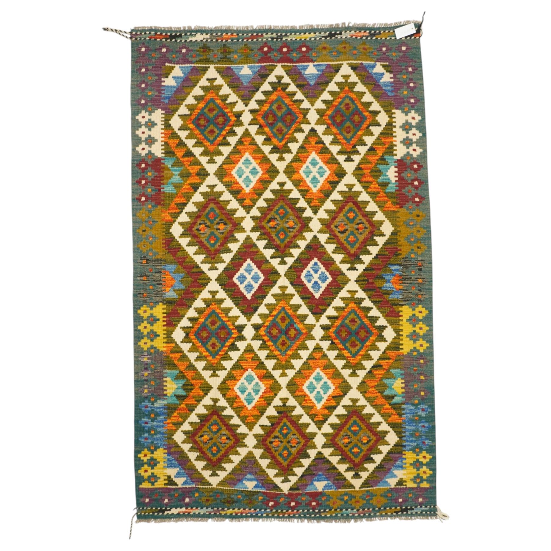 Afghan Maimana flatweave kilim, central field features large bold nested diamond motifs and stylized geometric lozenge patterns on olive purple, blue, and green tone ground, dark green border stripe, with fringe ends