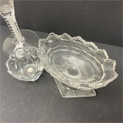 18th century drinking glass, the drawn funnel bowl upon a double series opaque twist stem and conical foot, H17cm, together with an 18th century dram glass, the bucket bowl crudely engraved with heraldic style shield, upon a knopped stem and folded circular foot, H9.5cm, and two open salts, one of navette form