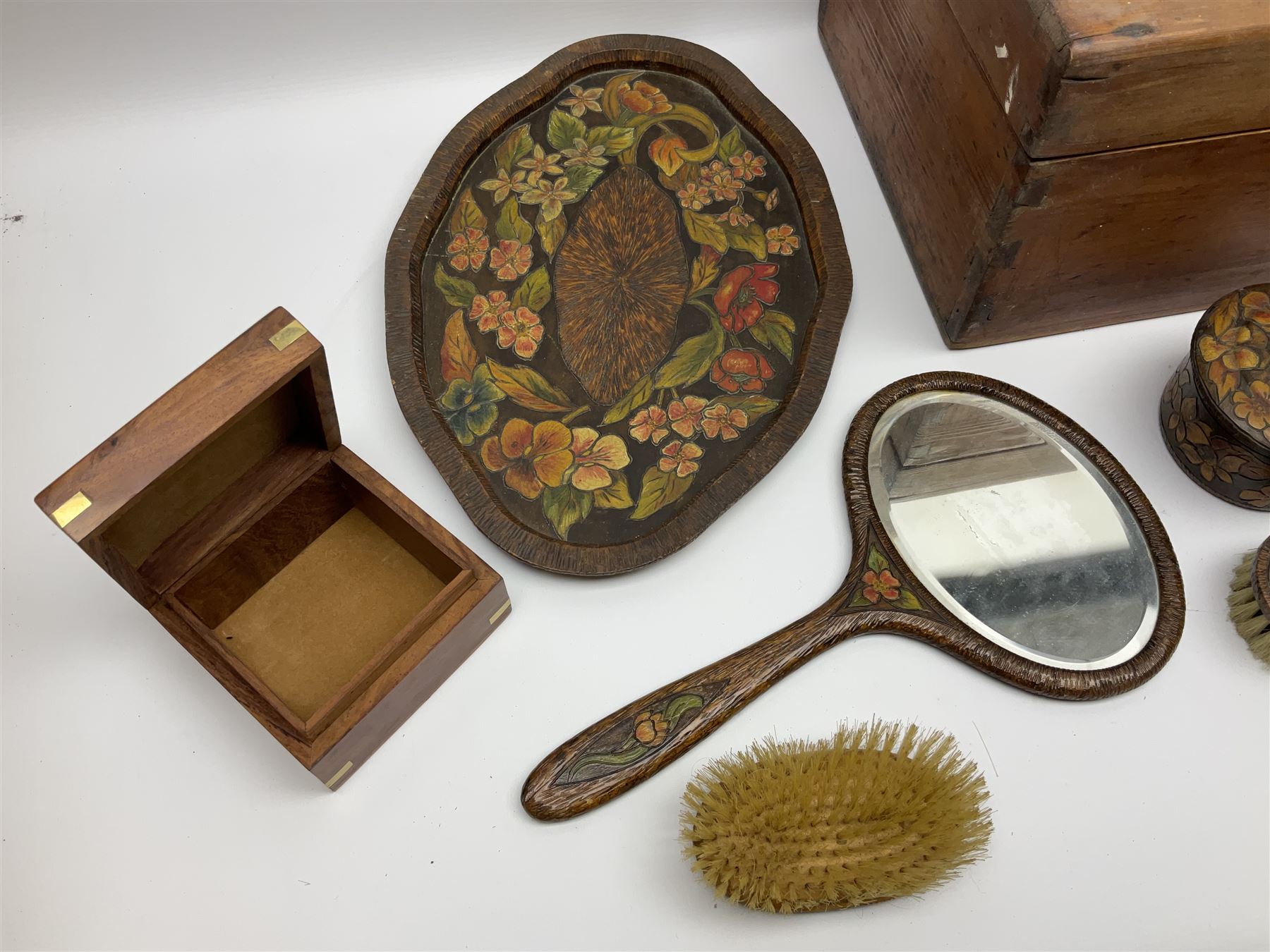 Folk art style dressing table set to include tray, mirror, brush etc, together with pair of wooden tulip vases, large wooden box etc 