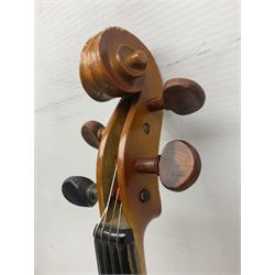 Four Chinese graduated violins - full size with 35.5cm two-piece back; three-quarter size with 33.5cm two-piece back; half size with 31cm two-piece back; and quarter size with 27.5cm two-piece back; all cased except full size; one with bow (4)