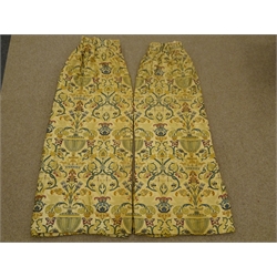  Pair of heavy weight thermal lined Rennaissance style curtains, polychrome worked with flower vases and scrolls, Drop 230cm, W360cm, (2)  