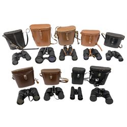 Nine cased pairs of binoculars, to include Tohyoh 22x70, Greenkat 7x- 12x50, Chinon, Fisher-Dietz 7x50, etc