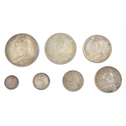 Seven Queen Victoria coins, all dated 1887, comprising threepence, sixpence, shilling, florin, half crown, double florin and crown