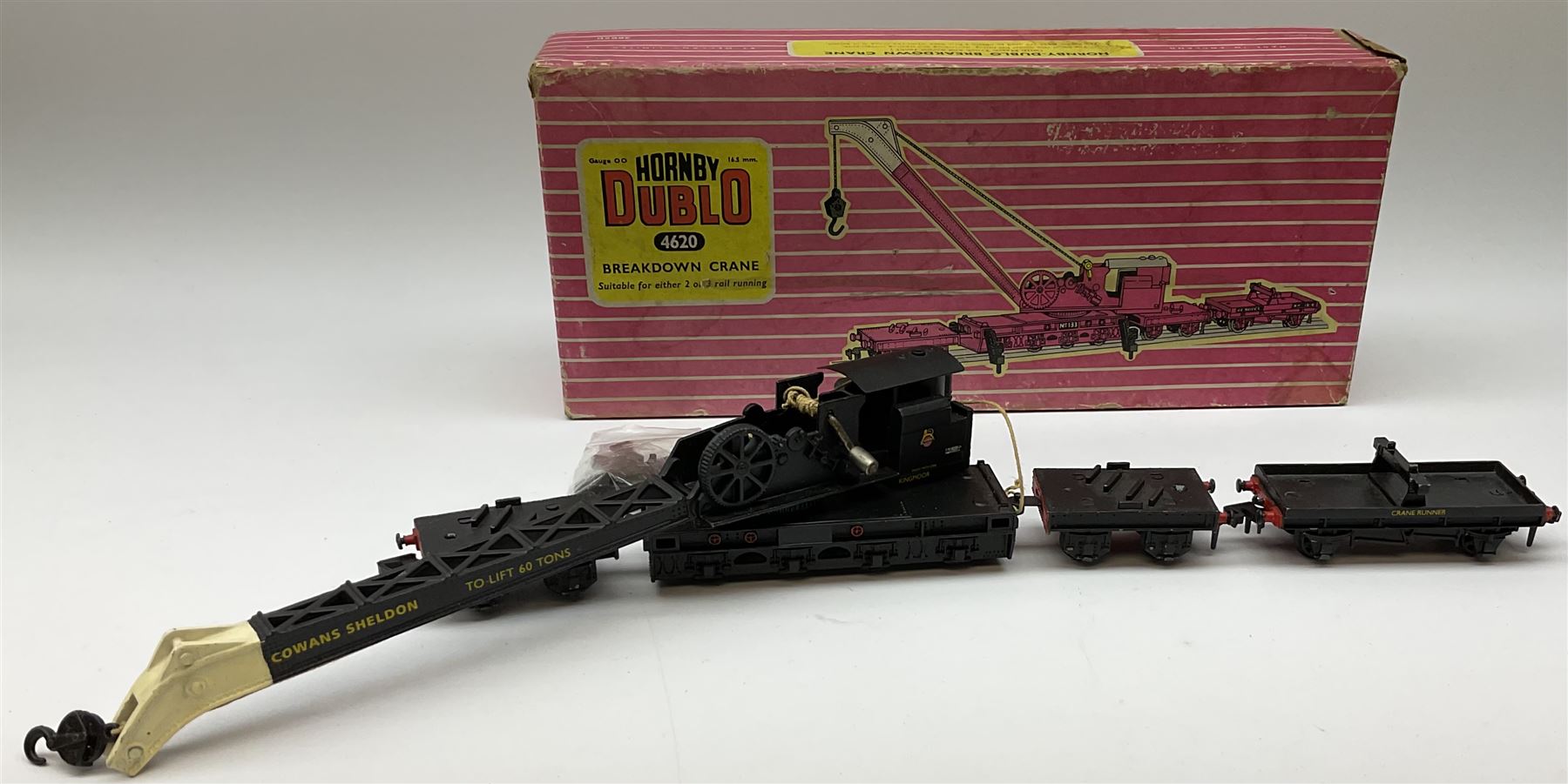 Hornby Dublo - Breakdown Crane No.4062 with Cowans Sheldon livery, boxed with screw jacks; D1 Girder Bridge, boxed; and T.P.O. Mail Van Set, boxed with instructions, mail bags, switch and tested tag (3)