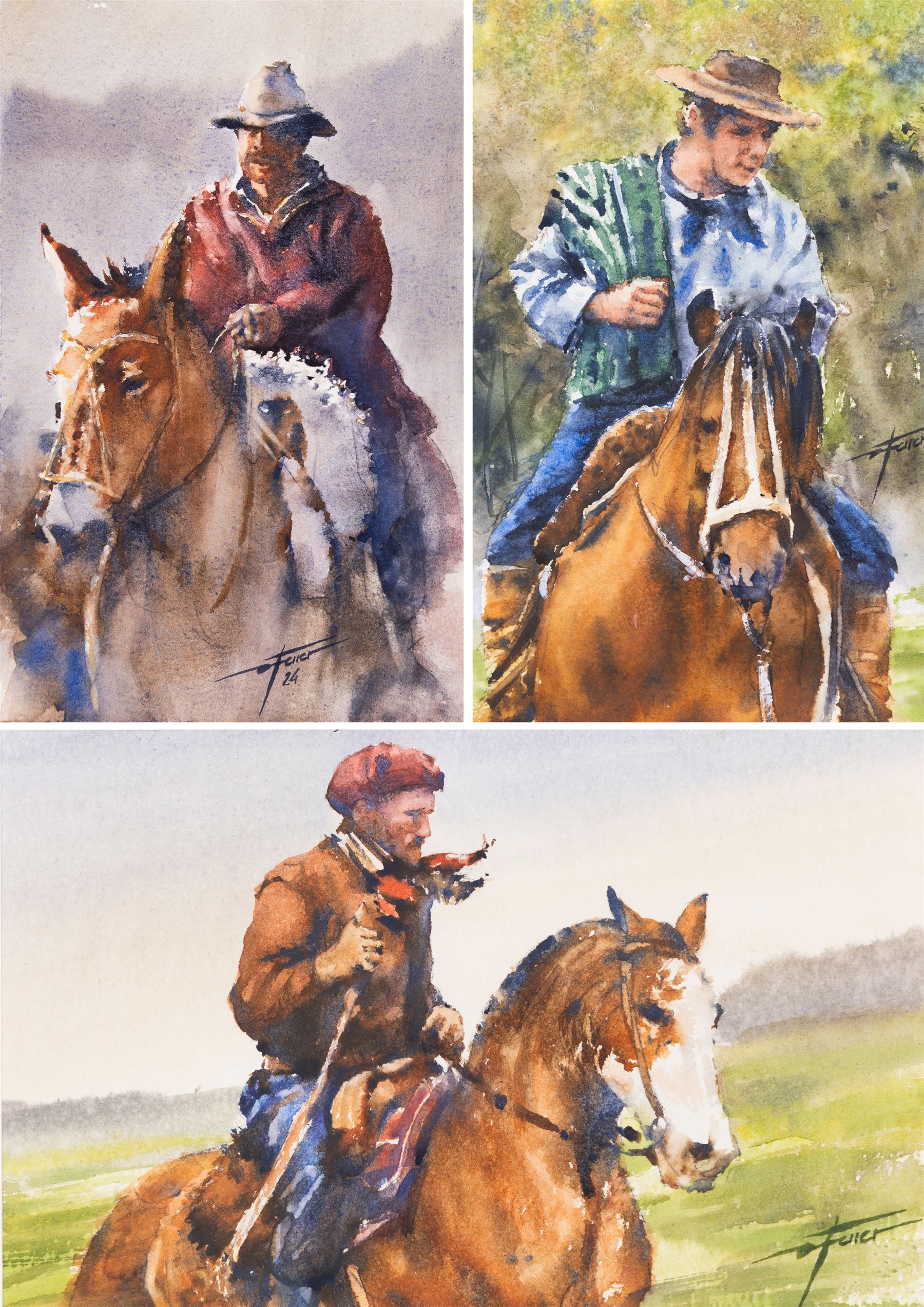 Diego Ferrer (Argentinian Contemporary): Gauchos on Horseback, set of three watercolours signed and variously dated, each approx. 22.5cm x 14.5cm (3) (one unframed)