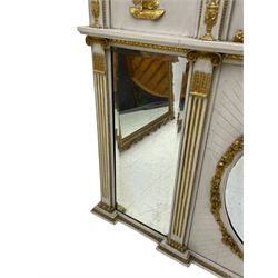 Regency painted and parcel gilt overmantel mirror, projecting cornice decorated with spherical mounts, panelled frieze with raised decoration depicting classical festival scenes, central circular bevelled mirror with ribbon and flower head band, flanked by rectangular bevelled plates, divided  by fluted pilasters with Ionic capitals, foliate moulded lower beading 