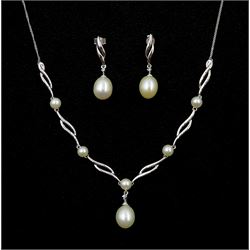 9ct white gold pearl and diamond necklace and matching earrings, hallmarked