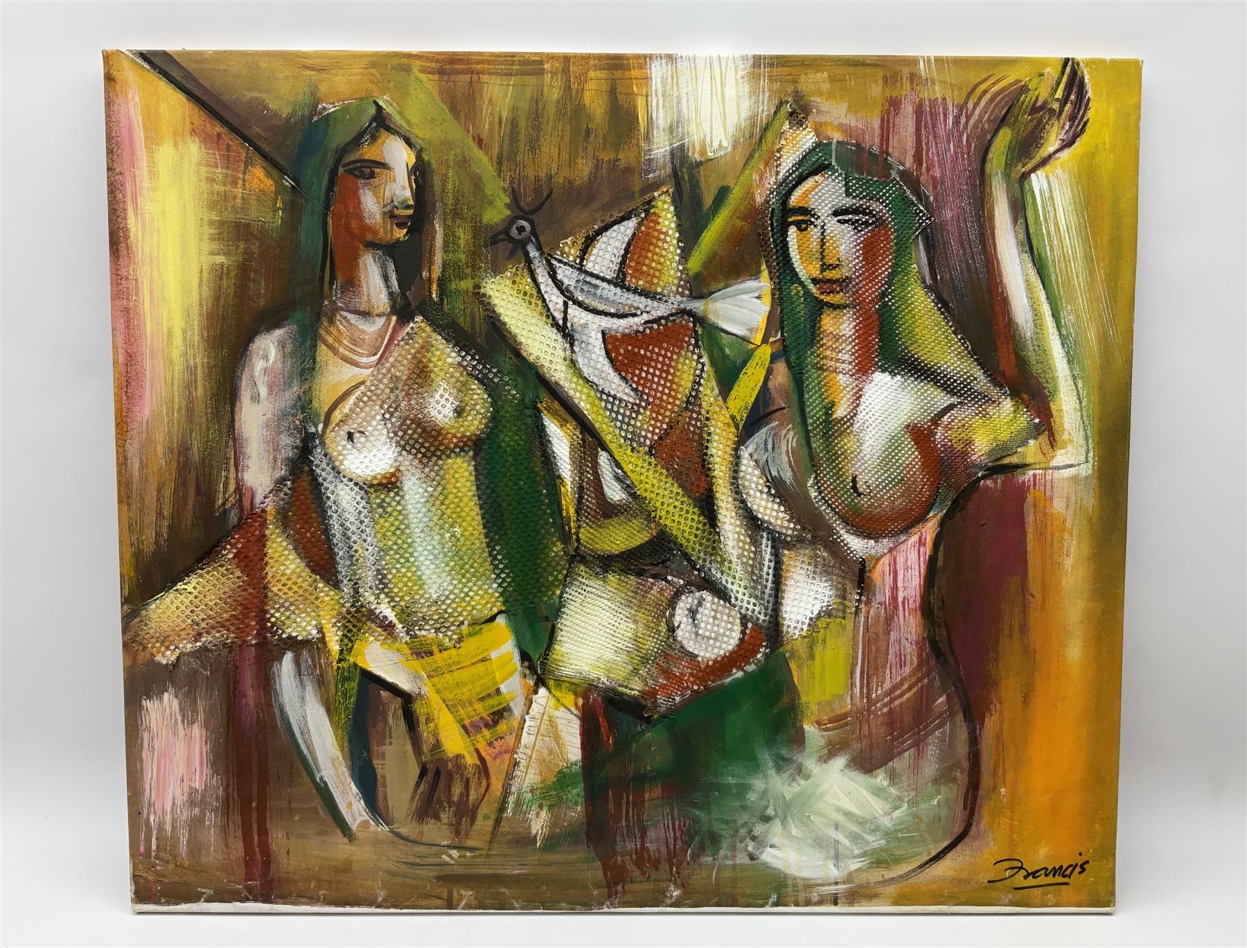 Francis Perera (Sri Lankan 1931-): 'Divided Love', oil on canvas signed, titled verso 73cm x 86cm (unframed)
Notes: Perera a noted Sri Lankan artist has had many solo exhibitions both in his home country and overseas. He is a six time winner of the Presidential Award, represented Sri Lanka in Washington DC to commemorate the 50th anniversary of its independence, exhibited at the Royal Commonwealth Society in 2002, and at the 20th International Art Festival in Germany.