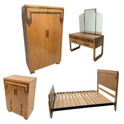 Art Deco period oak and walnut burr wardrobe, two doors enclosing three linen slides and two drawers, sledge feet base (W122cm, H186cm, D52cm) a chest of drawers, two cupboard doors above two drawers, sledge feet base (W76cm, H106cm, D47cm) a dressing table, raised three piece mirror back, two short and one long drawer (W107cm, H160cm, D56cm) and a 4'6 double bed frame (W137cm, H127cm, L210cm)