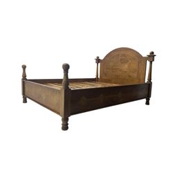 Contemporary mango wood bed frame, comprising an arched panelled headboard and footboard with inlaid geometric patterns, turned posts with spherical finials, and complete with side rails and slatted base