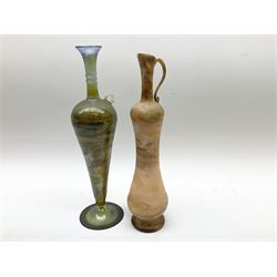 Two iridescent art glass vases of compressed form, each with combed decorated, signed beneath, H7.5cm, together with an art glass scent bottle/paperweight, with iridescent decoration and elongated stopper, a clear glass scent bottle with silver stopper marked Carrs Silver and stamped 925, a pair of art glass drinking glasses of trumpet form, two Roman style glass ewers, and a cut glass ashtray. 
