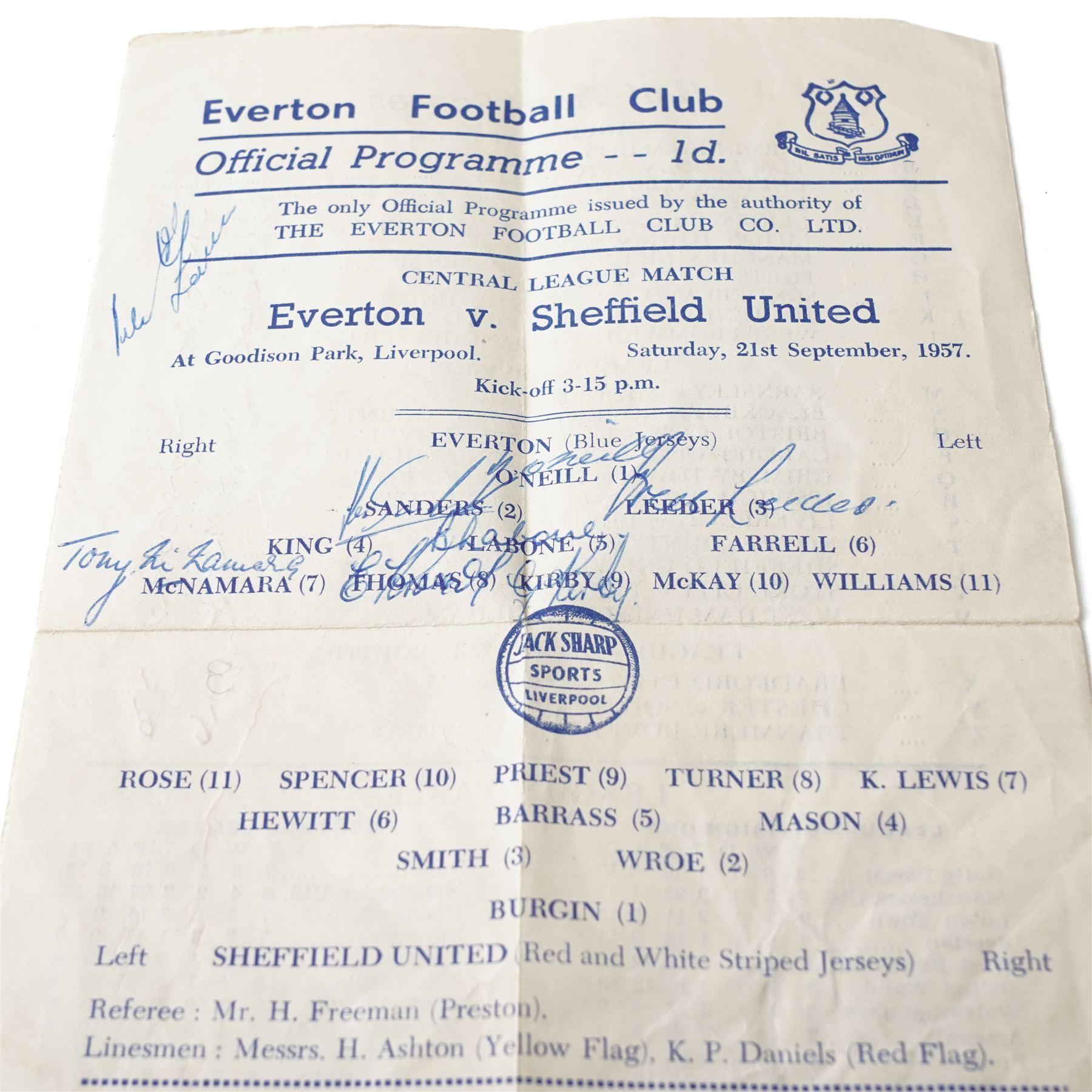 Autograph book and contents of Everton F.C. signatures including signed programme against Sheffield United, September 1957