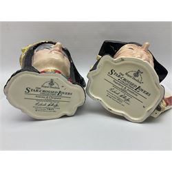 Royal Doulton two character jugs from the Star Crossed Lovers Collection, Antony & Cleopatra D6728 and Napoleon & Josephine D6750, together with two Royal Doulton Figures Micawber and Sairey Gamp