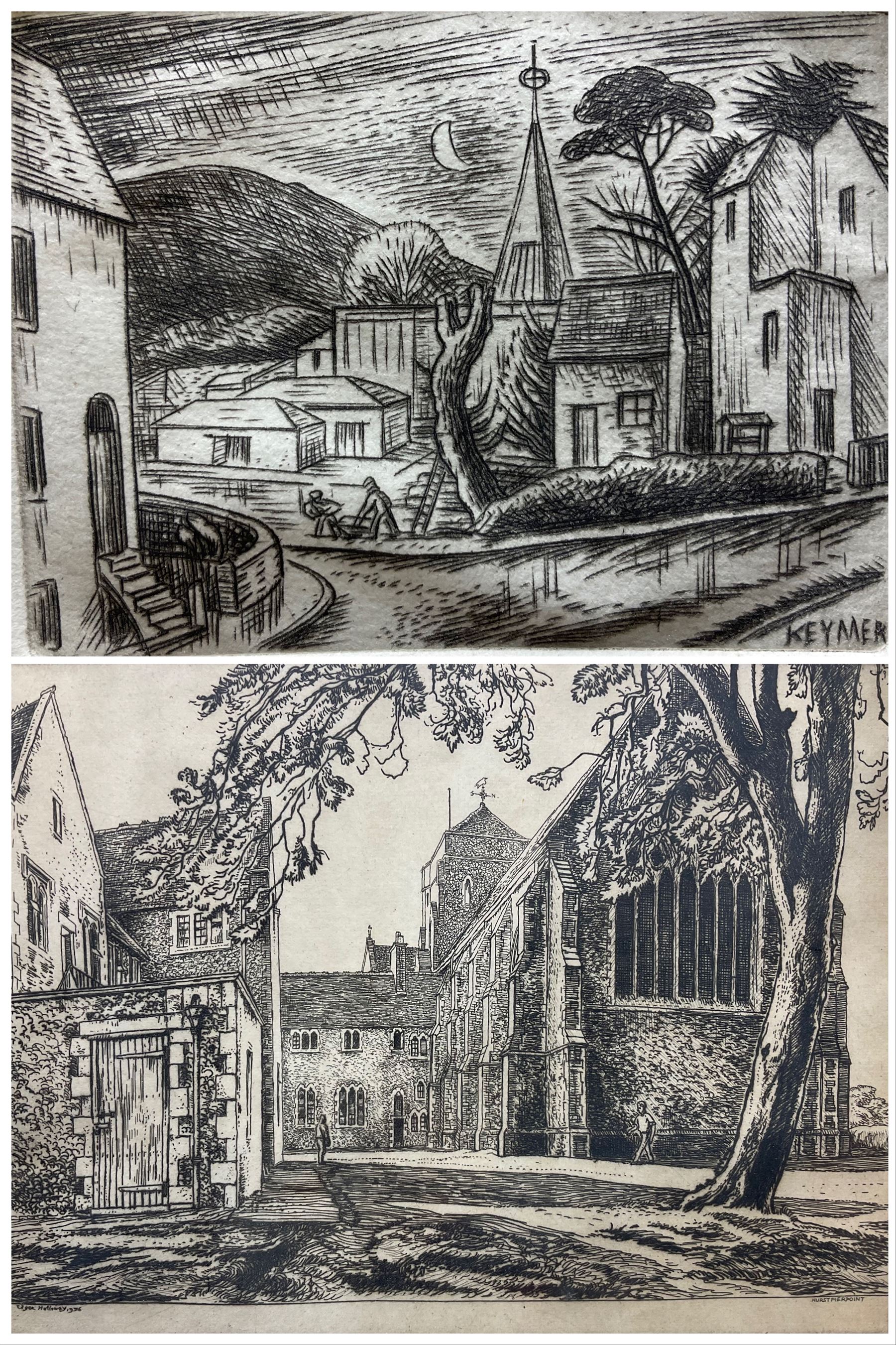 Edgar Holloway (British 1914-2008): 'Hurstpierpoint' West Sussex, drypoint etching signed and numbered 3/100 in pencil, signed titled and dated 1976 in the plate 20cm x 27cm; 'Keymer', miniature drypoint etching signed and inscribed 'Best Wishes 1979' in pencil, titled in the plate 5cm x 7cm with full margins (10cm x 13cm full sheet) (unframed) (2)