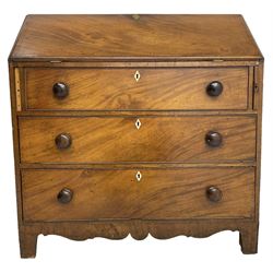 George III mahogany bureau, the fall front enclosing interior fitted with pigeon holes, drawers and cupboard, three graduating drawers below, with ivory escutcheons, shaped apron on bracket feet 

This item has been registered for sale under Section 10 of the APHA Ivory Act
