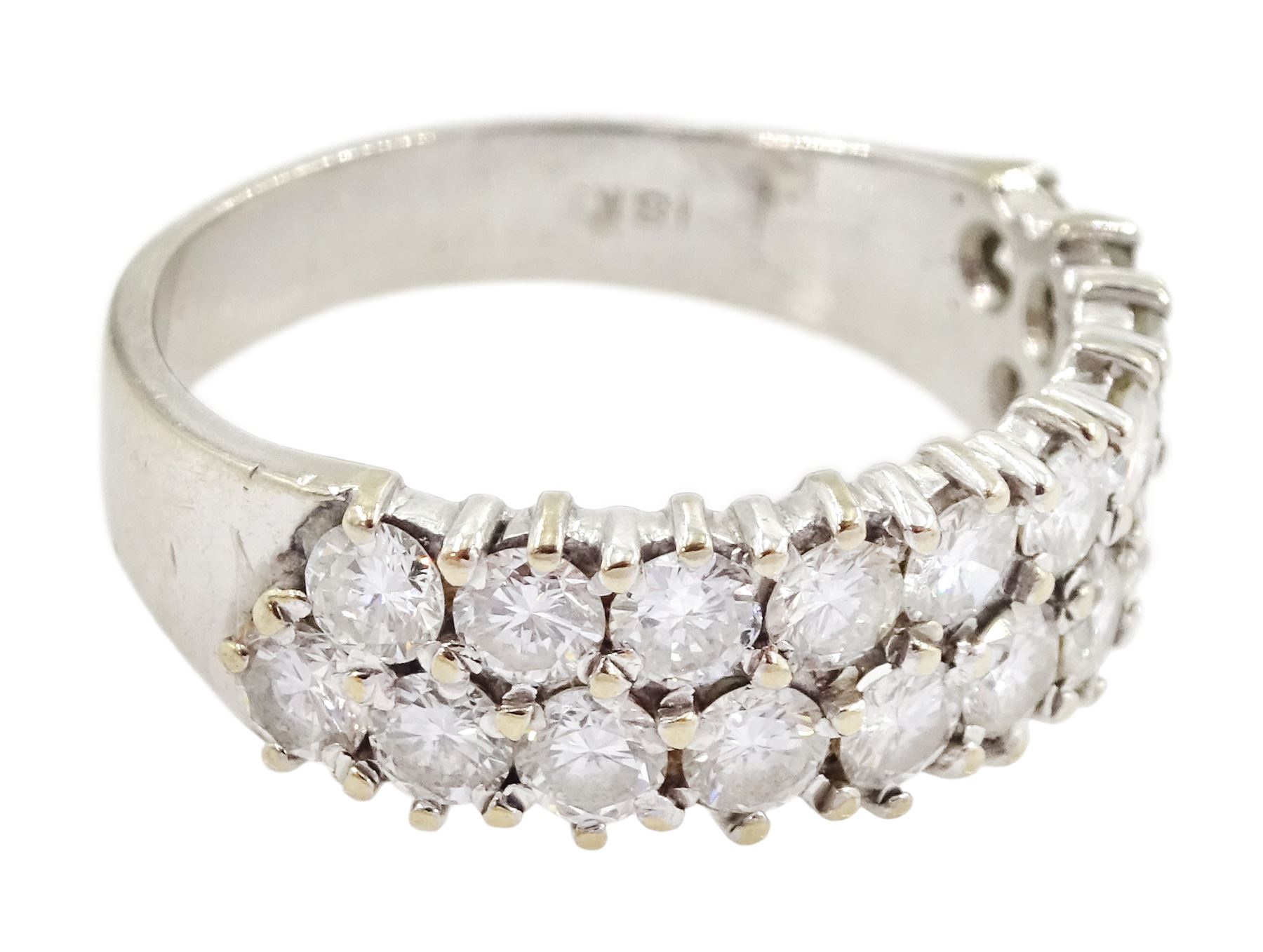 18ct white gold two row round brilliant cut diamond half eternity ring, stamped 18K, total diamond weight approx 1.40 carat