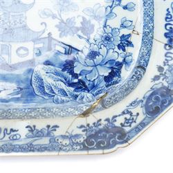  18th century Chinese export platter decorated in blue and white with a river landscape W40cm and two other Chinese export platters (3)