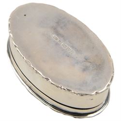 Edwardian silver trinket box, of oval form with embossed scroll rim, the hinged cover inset with a jasperware roundel depicting a classical scene, hallmarked Cohen & Charles, Chester 1905, H2.5cm, W7.5cm