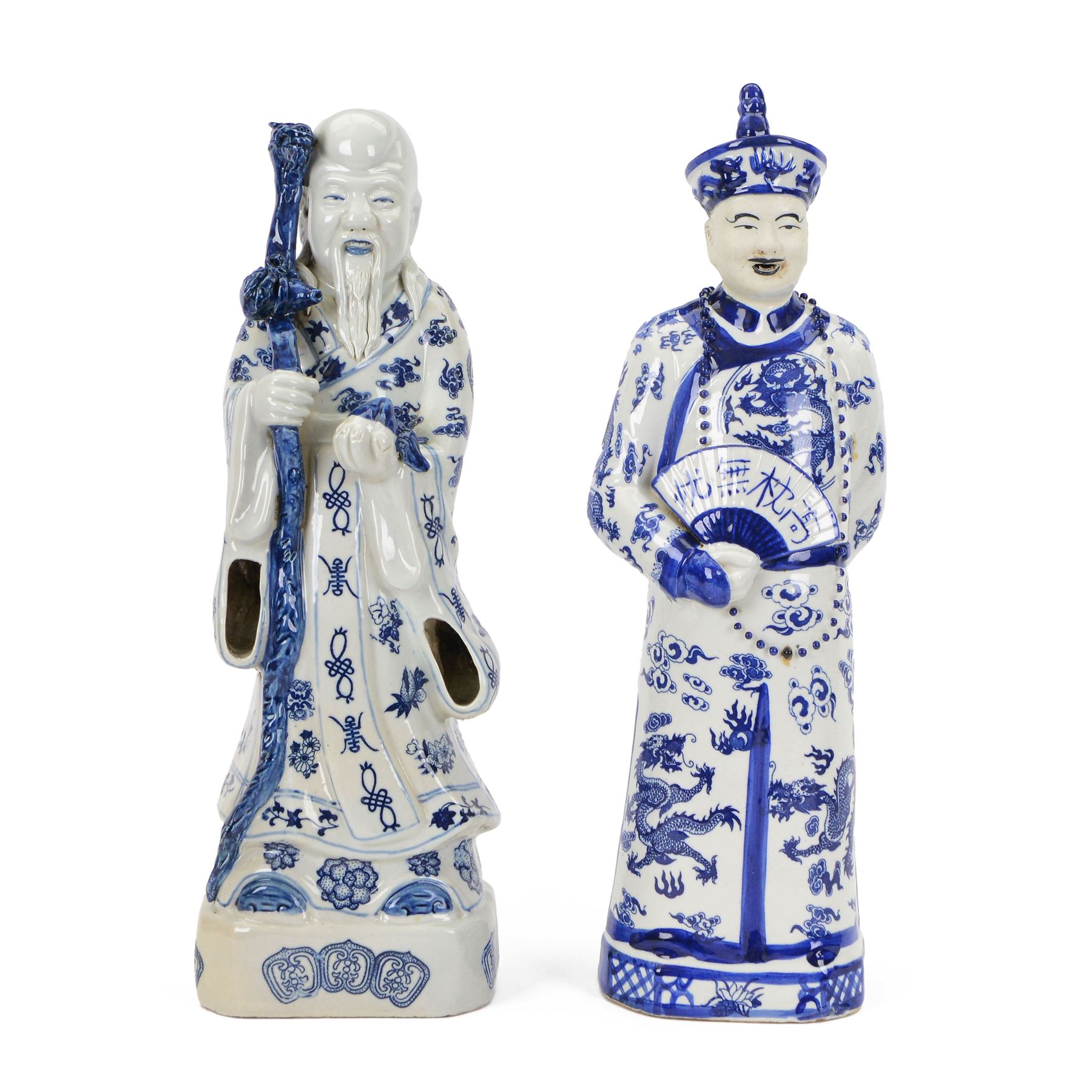 20th century Chinese blue and white porcelain figure of an Emperor, wearing a dragon decorated robe, seal marks beneath, together with blue and white figure of Shou Lao H54cm