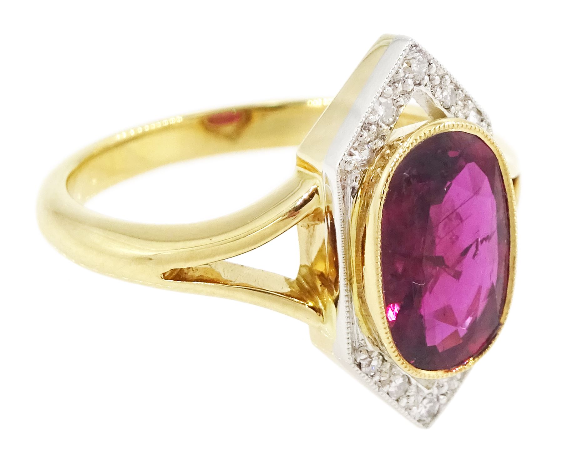 18ct and platinum ruby and diamond ring, single oval cut ruby of approx 2.26 carat, with old cut diamond surround, set within a milgrain navette shaped border, London 2019, total diamond weight approx 0.15 carat, with Alan Poultney Gems report