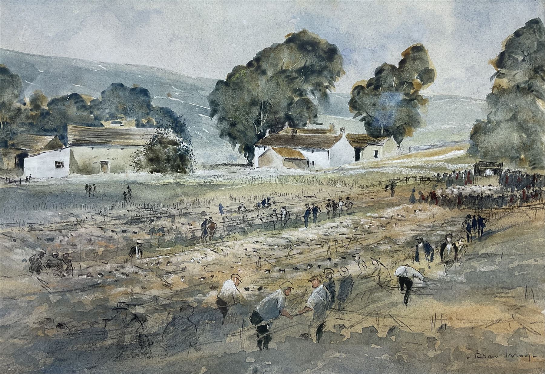 Brian Irving (British 1931-2013): Sheep Market, watercolour heightened with white signed 24cm x 35cm 