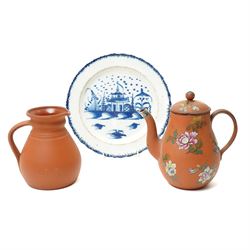 18th century creamware plate, painted with a chinoiserie landscape, D25cm; together with a...